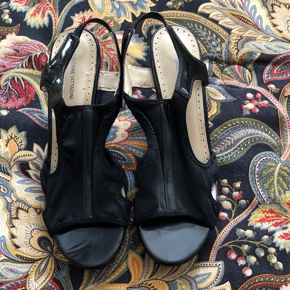 Adrienne Vittadini Black Patent Leather Slingback Peep-Toe Heels